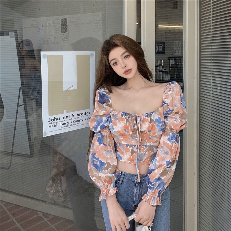 Áo Kiểu chiffon Tay Dài Phồng Cổ Vuông In Hoa Thời Trang Mùa Xuân Cho Nữ
