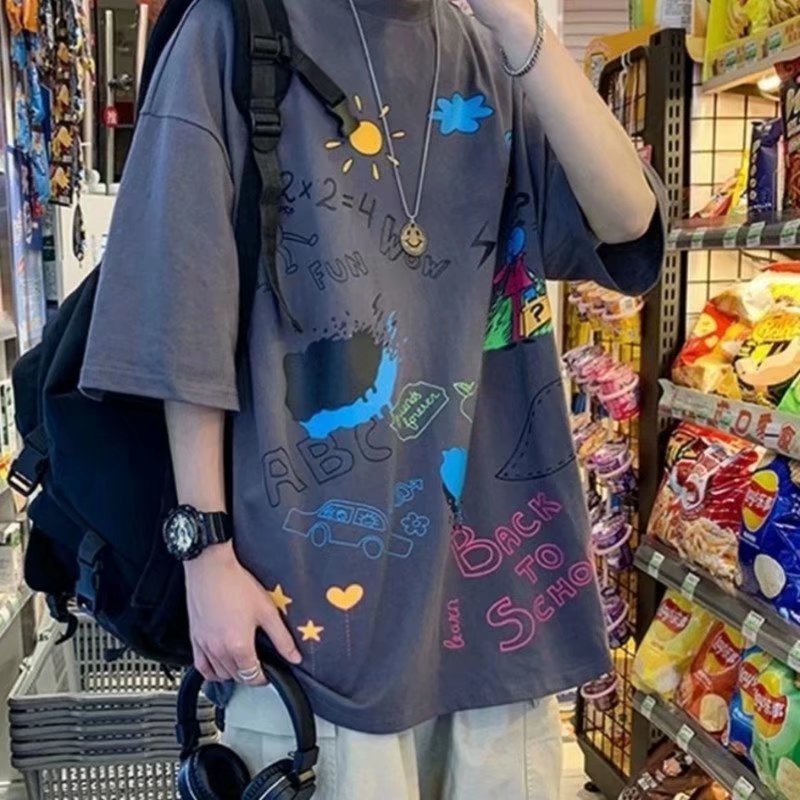 Áo Thun Tay Ngắn Cổ Tròn In Họa Tiết Graffiti Phong Cách Hàn Quốc Thời Trang Mùa Hè Cho Nam Size M-5XL