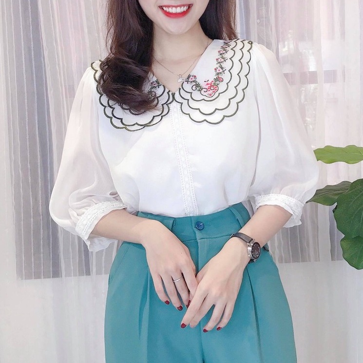 Áo sơ mi voan tơ cổ thêu tay phồng tiểu thư CHUU A6859