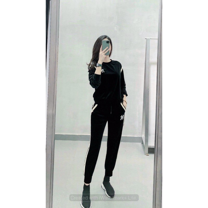 S6311 Set Nhung Thể Thao NY Phối Áo Dài Tay Cổ Tròn Và Quần Tập Bo Gấu Chất Dãn Nhẹ Mặc Thoải Mái