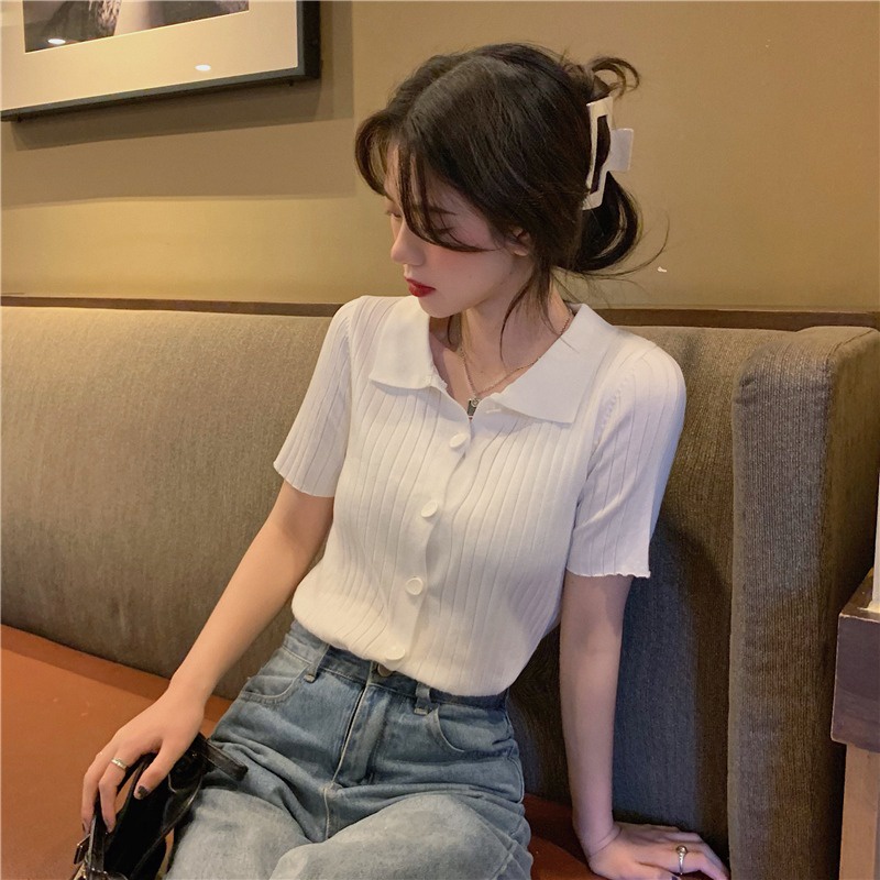 Áo kiểu ZHELIHANGFEI tay ngắn cổ bẻ dệt kim thời trang