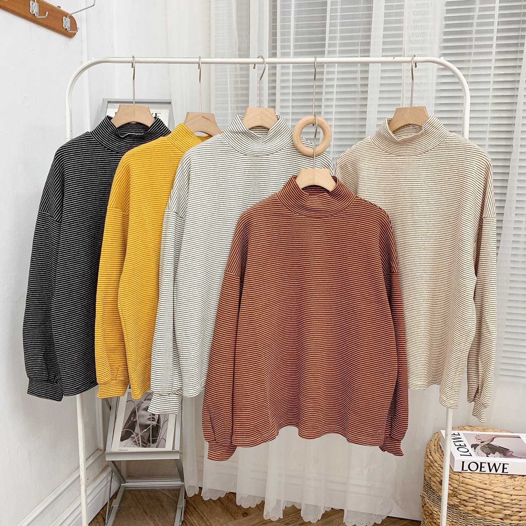 Áo nỉ len kẻ sọc nhiều màu sweater dáng thụng thu đông dày ấm Hàn Quốc Sollle ASW02