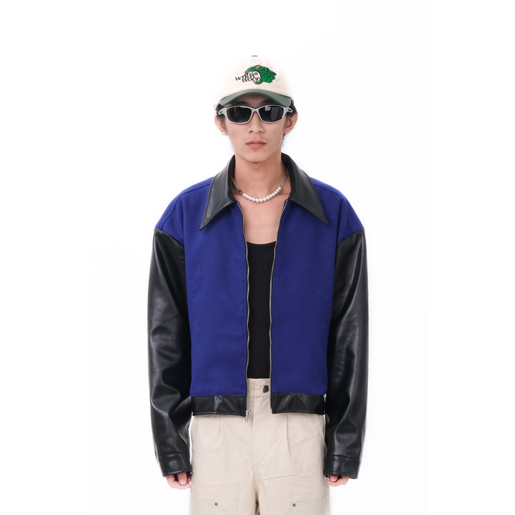 Áo Khoác Dạ Mix Da PU Wavy Placket Leather Mix Jacket