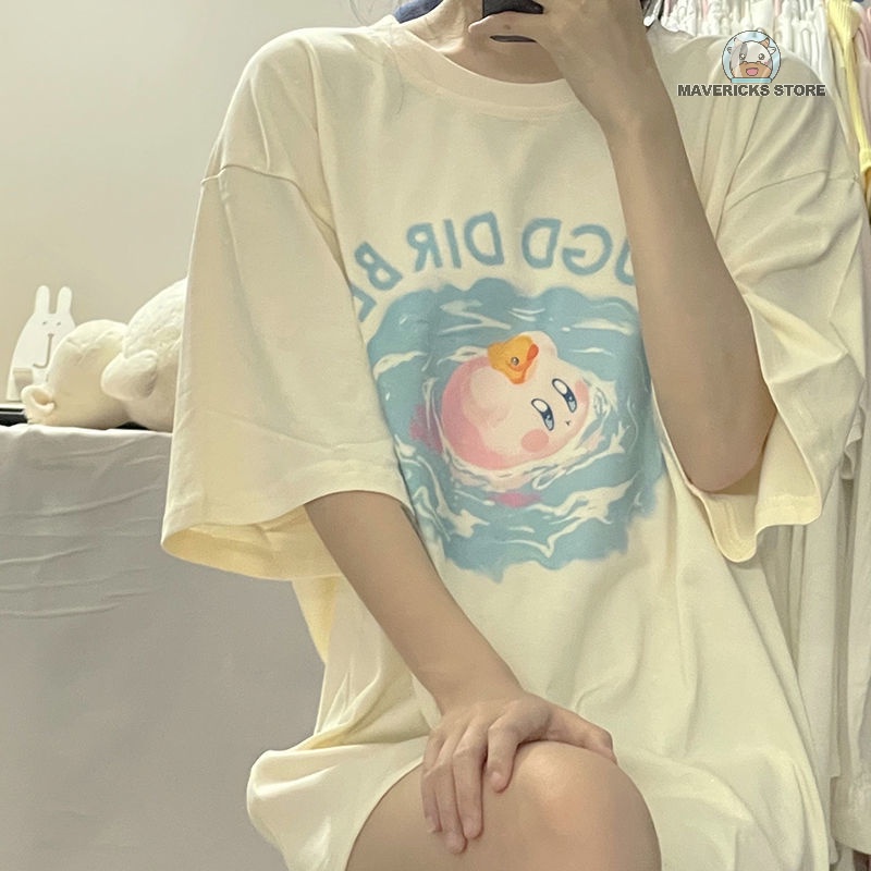 Áo thun tay ngắn dáng rộng vải cotton in hình Kirby thời trang mùa hè dành cho nữ sinh