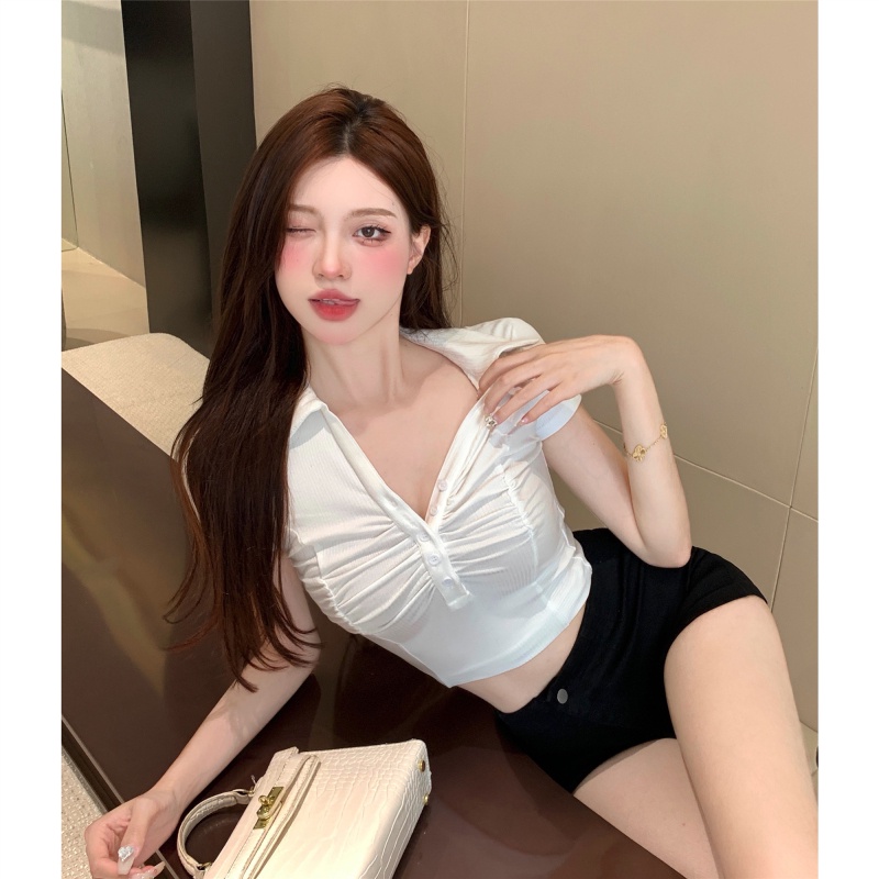 Áo Thun Tay Ngắn Cổ Chữ V Màu Sắc Trơn Quyến Rũ Dành Cho Nữ