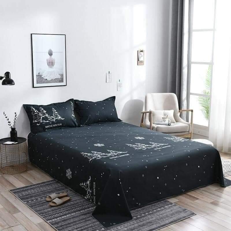 Bộ chăn ga gối Poly Hàn Quốc cây thông đen huyền bí sang trọng cao cấp (Tặng vỏ gối ôm) - Miễn phí bo chun