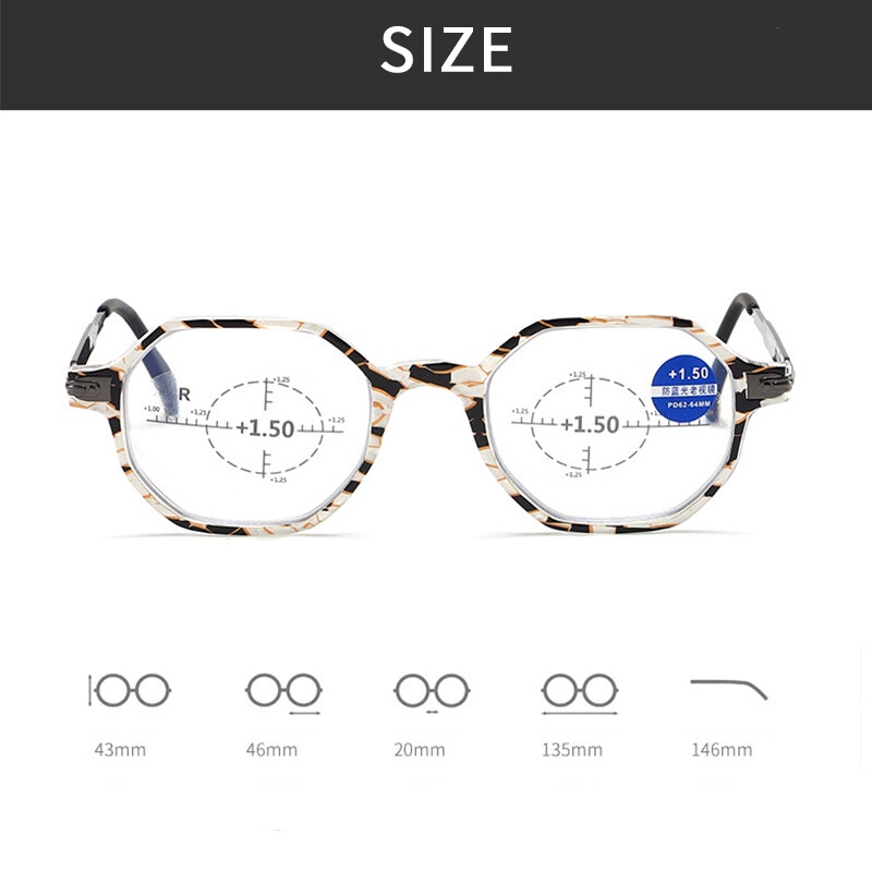 Kính Đọc Sách PTQ Tròng Đa Giác Chống Ánh Sáng Xanh Xoay 360 Độ Thời Trang