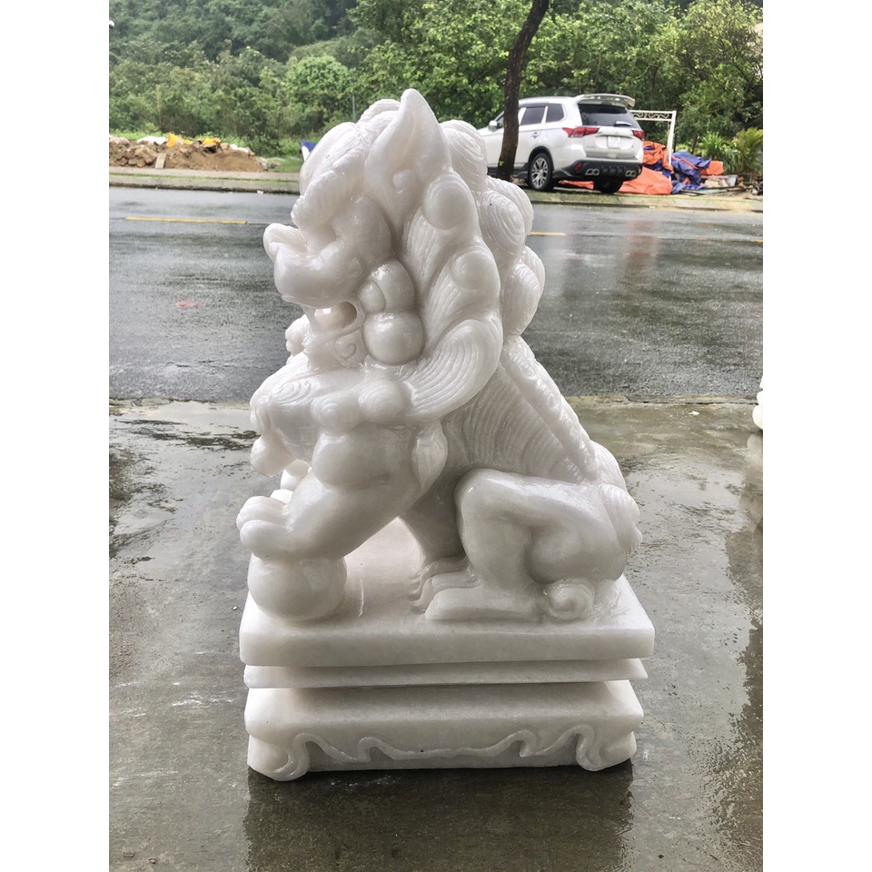 Cặp tượng Kỳ Lân phong thủy gác cổng đá trắng - Cao 50cm