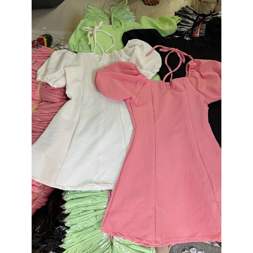 [8.8 Sales Freeship] Đầm tiểu thư nữ, đầm lụa xốp cổ vuông tay phồng cột dây cổ đi tiệc sang chảnh kèm ảnh thật