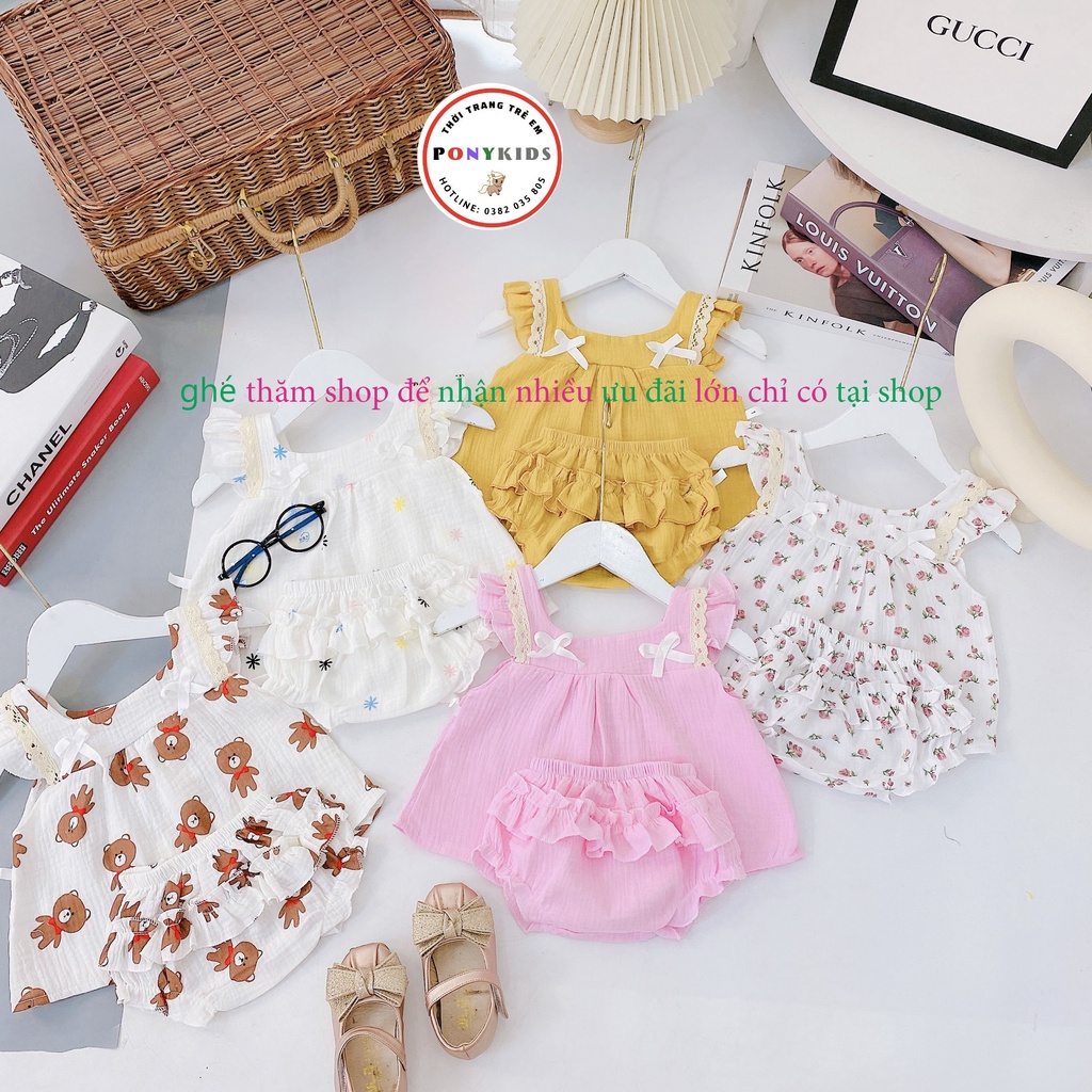 Bộ đồ quần áo hai dây sát nách 3 lỗ tay bèo phối ren cho bé gái chất muslin thoáng mát mùa hè cho bé