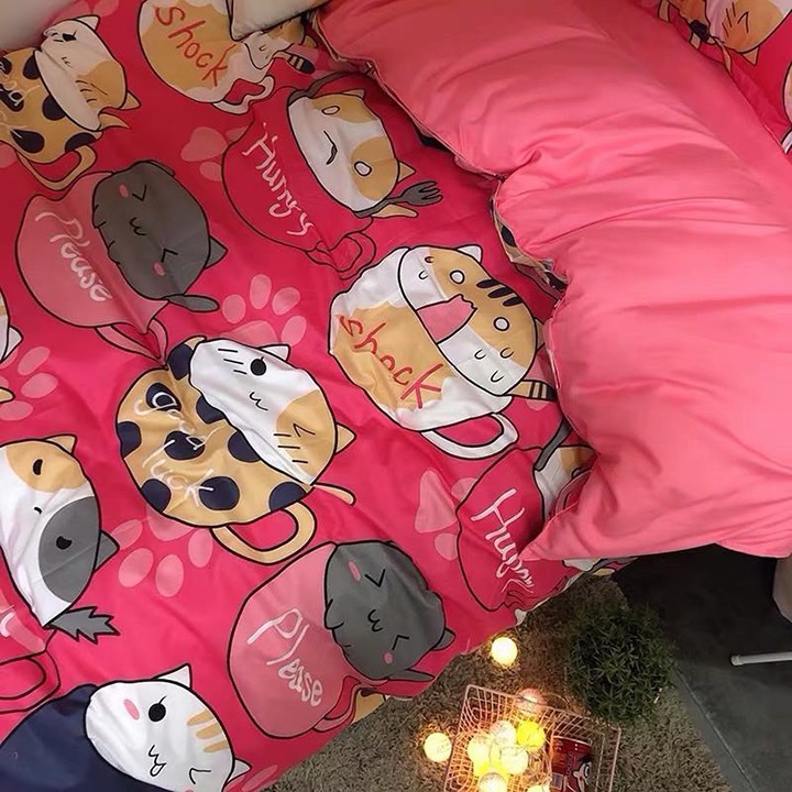 Bộ chăn ga gối , drap giường chất cotton poly họa tiết mèo thần tài