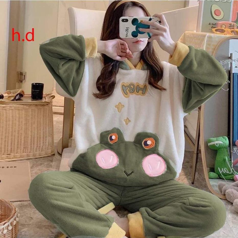 Bộ đồ ngủ mùa đông lông cừu giữ nhiệt siêu ấm áp ếch xanh chất lông bông mềm mịn mặc nhà ẢNH THẬT