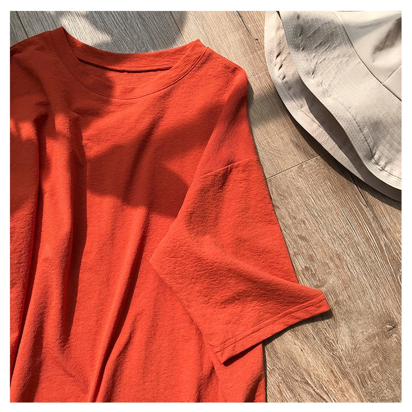 SUXI Áo Thun Tay Ngắn Cổ Tròn Màu Trơn Xẻ Tà Phong Cách Hàn Quốc