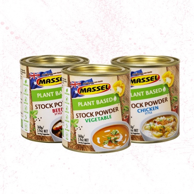 Hạt nêm vị rau củ, gà, bò  Massel Premium Stock Powder Vegetable, Chicken, Beef không bột ngọt an toàn cho gia đình 168g