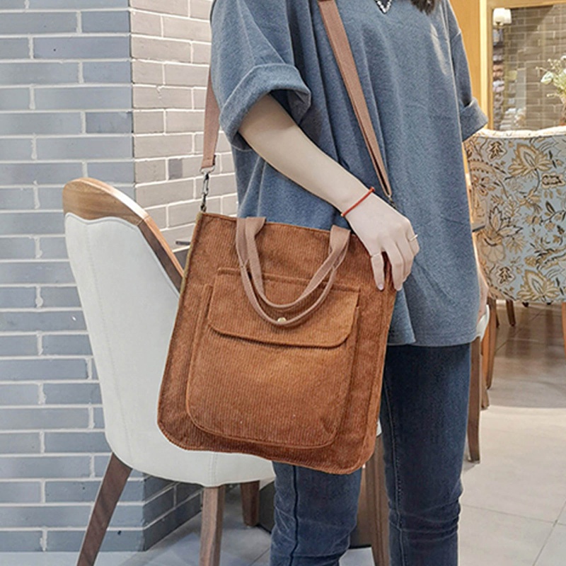 Túi Tote Đeo Vai Vải Nhung Màu Sắc Đơn Giản Cỡ Lớn Phong Cách Retro