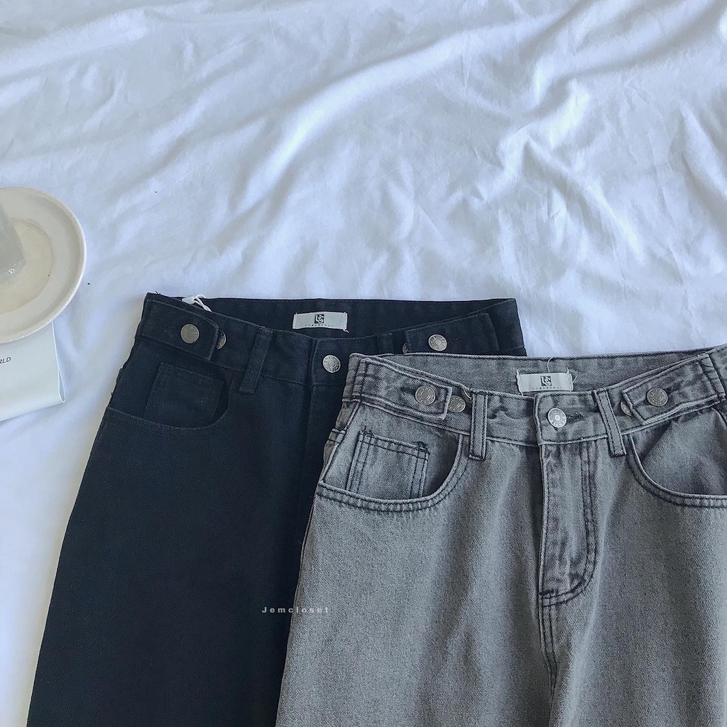 Quần Jeans Ống Suông Rách Gấu JEMCLOSET Quần Bò Nữ Ông Rộng US Có Nút Cài Tùy Chỉnh Eo Phong Cách Năng Động 2256