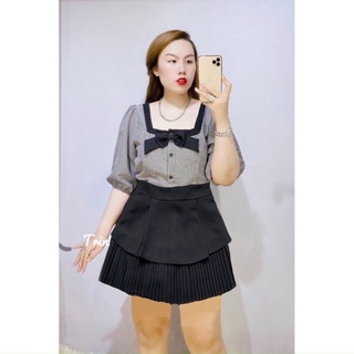 (Shop  Bigsize nữ 50kg đến 90kg) SET ÁO CARO + CHÂN VÁY XẾP LI
