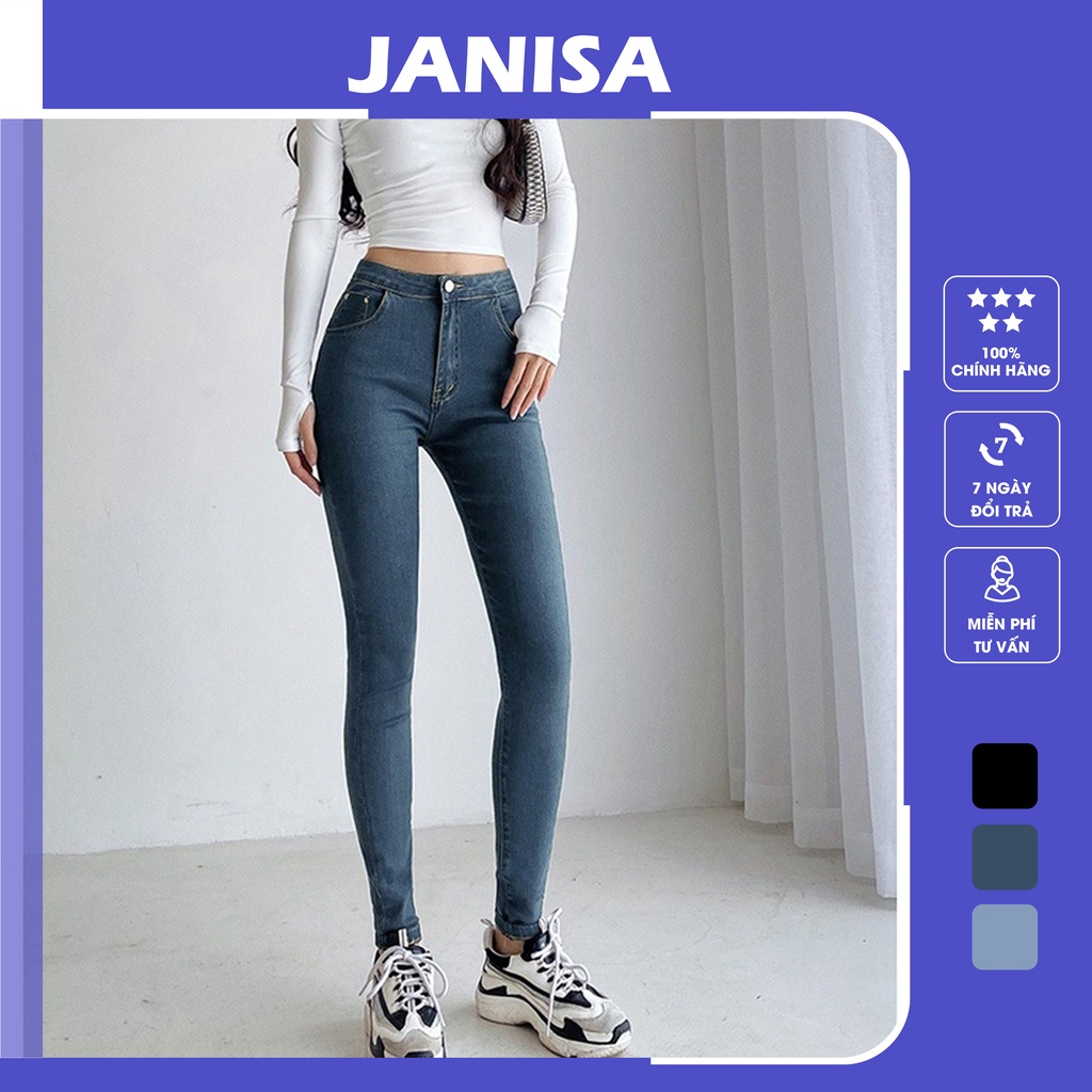 Quần jean nữ lưng cao co giãn dáng ôm skinny có túi trơn dài basic JANISA QJ03
