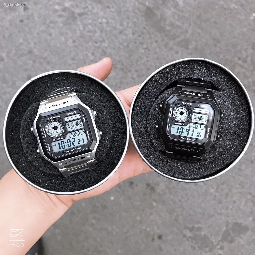 Đồng hồ nam Casio AE 1200-WHD classic chống nước , dây thép không gỉ (dây bạc mặt đen)-FULL BOX THiếc chính hãng