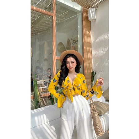 Set áo croptop cột nơ kèm quần ống rộng dáng suông phù hợp đi biển, hình thật trả sàn