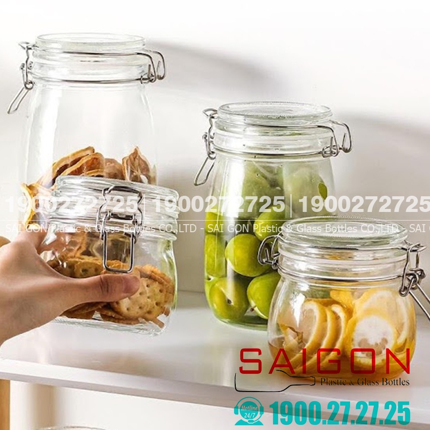 Hũ Thủy Tinh HGT Nắp Cài Thép Có Ron | Tùy Chọn Dung Tích , hình Dáng