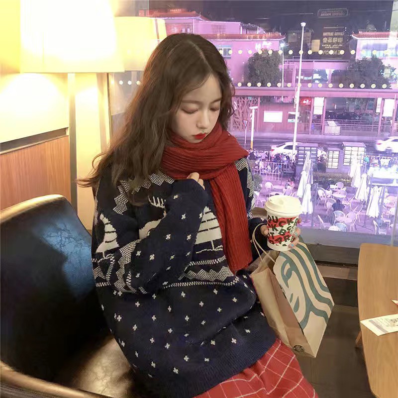 🎄Merry Christmas🎄 Áo sweater dáng rộng họa tiết màu đỏ ấm áp dễ thương cho nữ | BigBuy360 - bigbuy360.vn