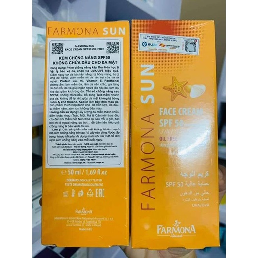 Kem chống nắng nâng tone Farmona Sun Face Cream Oil Free Spf50 không chứa dầu không gây kích ứng cho da mặt 50ml