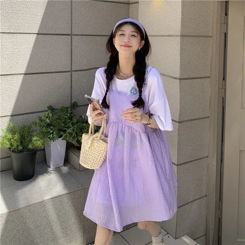 Đầm Hai Dây Cổ Búp Bê Lưng Cao Dáng Rộng Màu Tím Thời Trang Mùa Hè Hàng Mới Cho Nữ