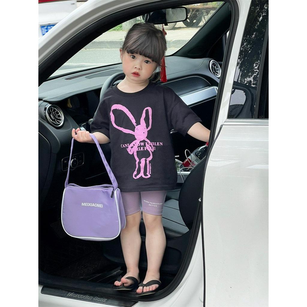 Bộ quần áo legging thỏ tím cho bé gái, set áo phông quần đùi legging siêu co dãn chất bozip trẻ em, TP KIDS