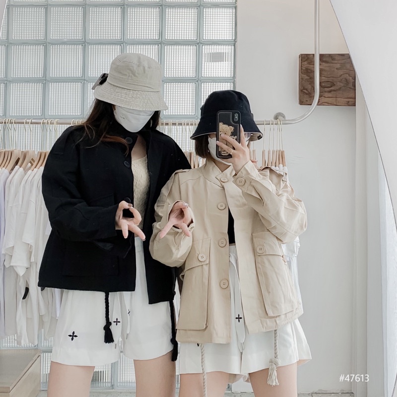ÁO BOMBER KAKI-381-2túi vuông chéo-nút vai