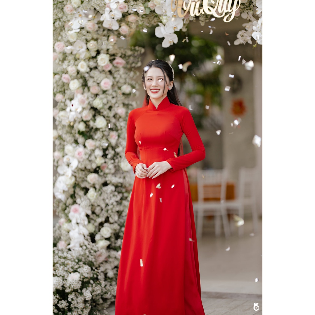 Áo dài cô dâu màu đỏ [Cam House] chất liệu lụa mỹ 2 tà