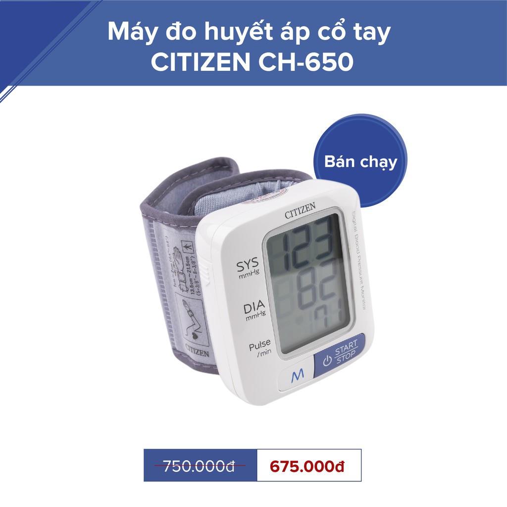 Máy đo huyết áp cổ tay Citizen CH-650 thương hiệu Nhật Bản, độ chính xác cao
