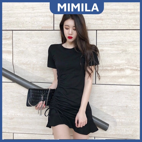 Đầm Body Thời Trang MIMILA Tay Ngắn Dây Rút, Váy Siêu Xinh Cho Nữ Màu Đen Và Xám - MBD022