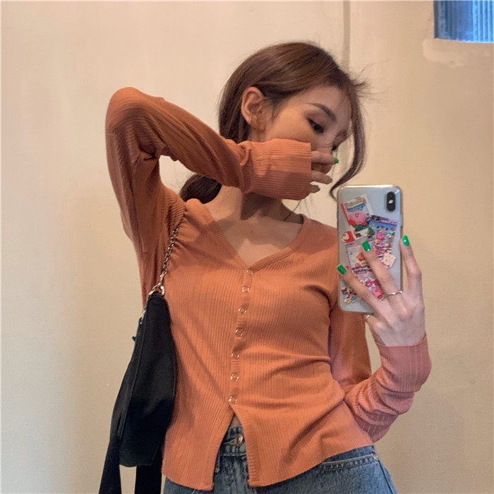 【HangFei】Áo Cardigan Dệt Kim Tay Dài Cổ Chữ V Lưng Cao Phong Cách Retro