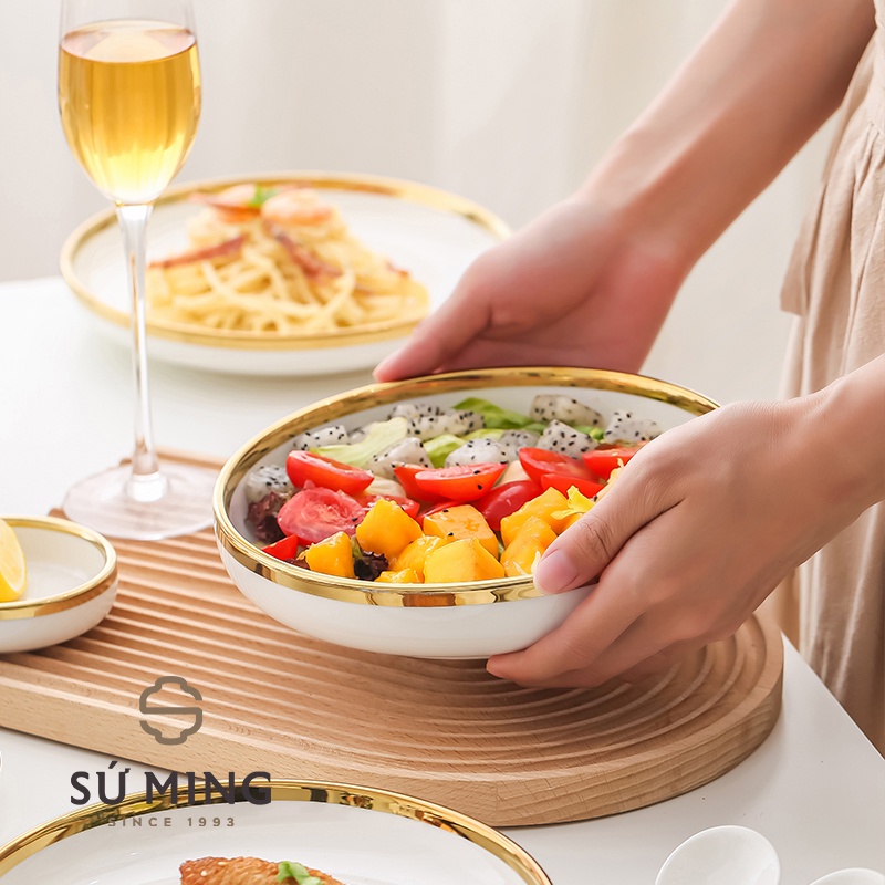 LẺ Bộ Bát Đĩa Sứ Màu Trắng Cao Cấp, Sang Trọng, viền vang 24k