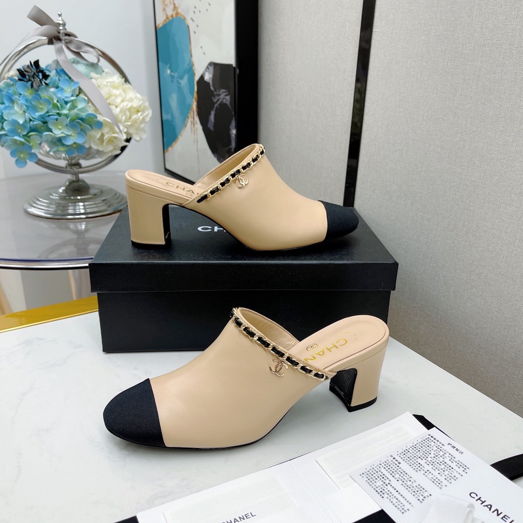 Dép sục cao gót nữ thời trang 𝘾𝙝𝙖𝙣𝙚𝙡 𝘾𝙝𝙖𝙣n𝙚𝙡 da thật cao cấp