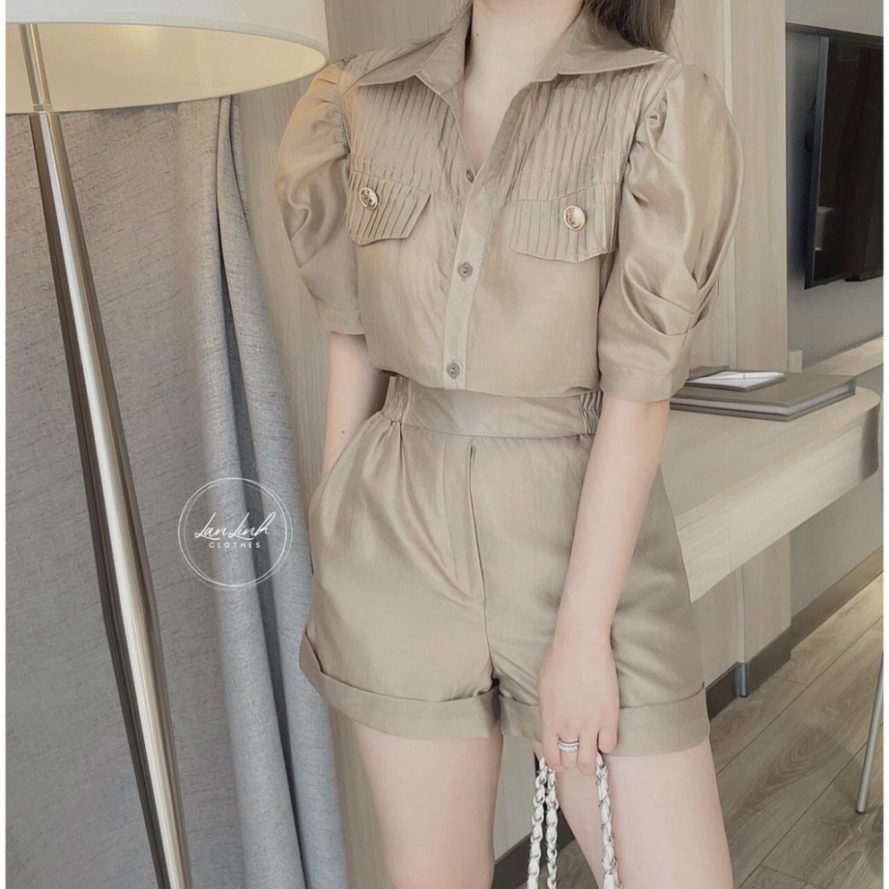 áo sơ mi cổ đức tay bồng kèm quầm sóc gấu lơ vê cá tính Chất lụa tằm cao cấp đẹp mê Hàng bao shop Form &lt;60kg ulzzang xia