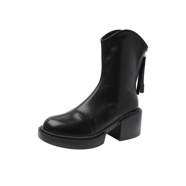 Boots nữ cổ V ngắn gót vuông cao 6cm da mềm ôm chân có khoá kéo