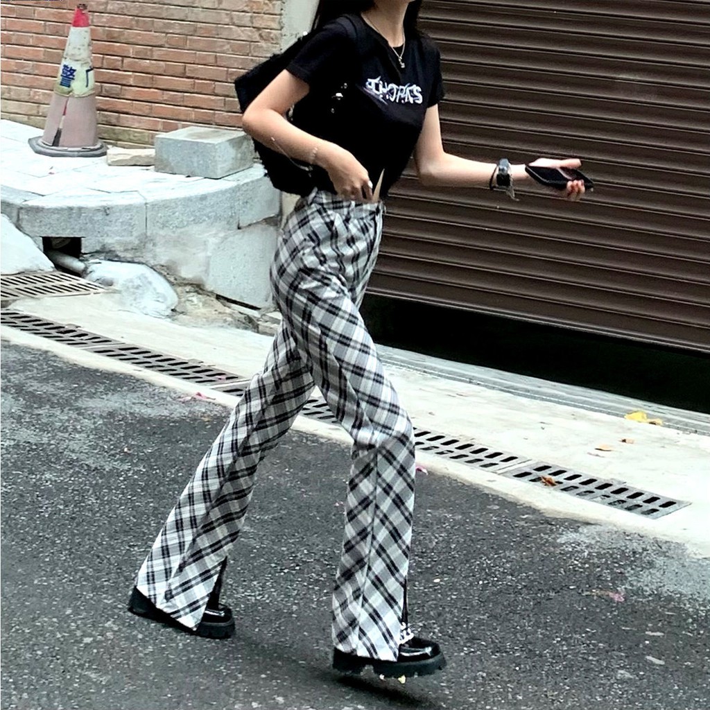 Plaid split flared pants women s 2021 summer new Korean version of loose casual Joker straight leg high waist