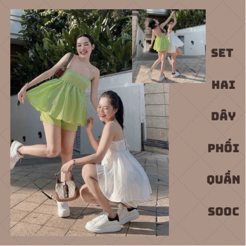 Bộ 2 Dây Dáng Babydoll Có Đệm Ngực Phối Quần Sooc