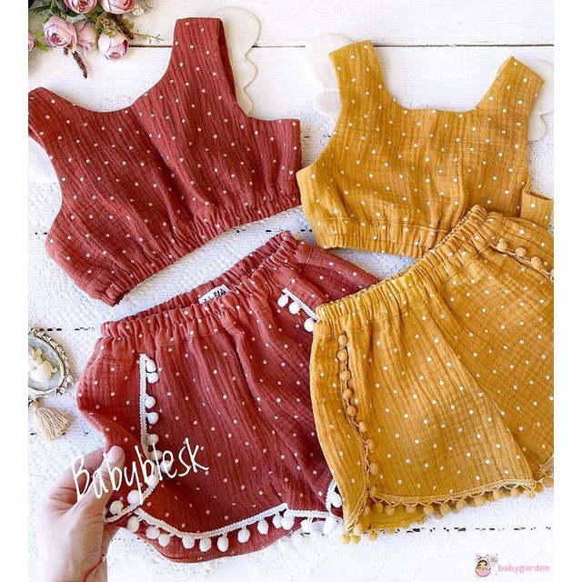 Bộ áo croptop không tay họa tiết chấm bi + quần short cotton thời trang mùa hè cho bé gái