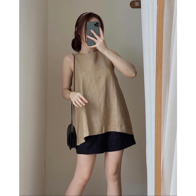 Áo Yếm JIJI TOP thiết kế form A chi tiết nút bọc và phần xẻ lưng quyến rũ màu đen chất linen