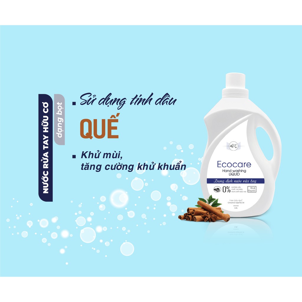 Nước rửa tay tạo bọt Hữu cơ 4000ml, Nước rửa tay diệt khuẩn tinh dầu tự nhiên Ecocare [Tặng vỏ tạo bọt]