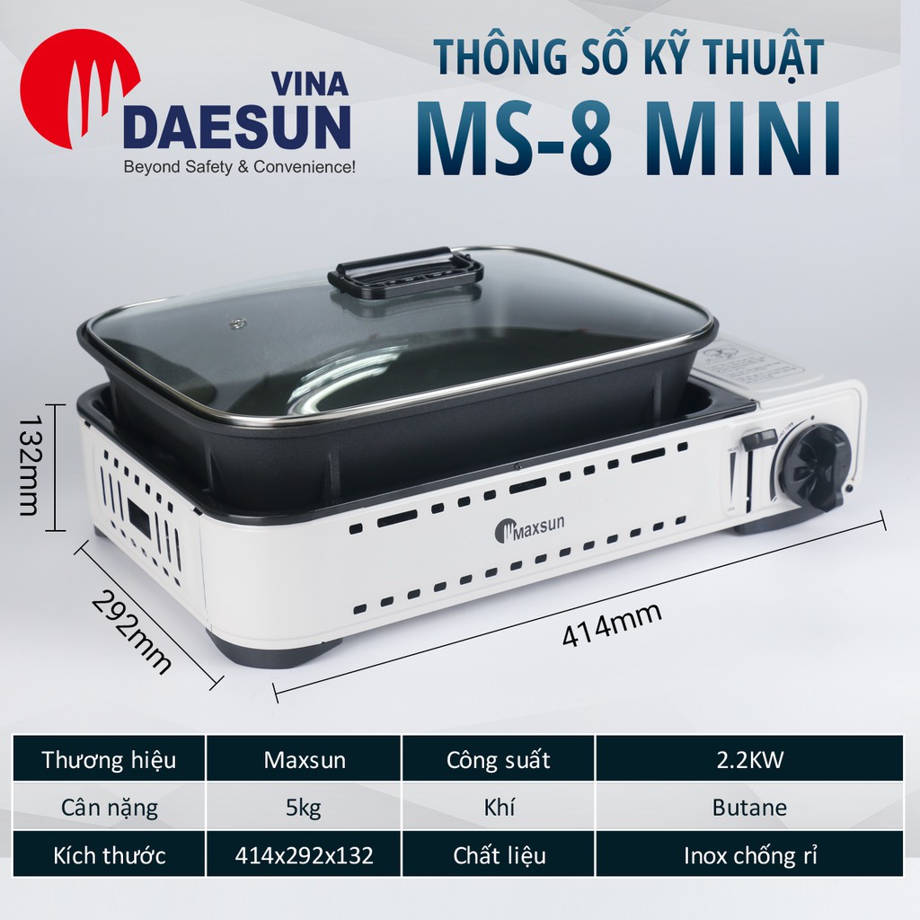 Bếp Ga Mini Maxsun MS-8 Mini - Công Suất 2200W | Nướng - Lẩu | Chảo Chống Dính | Bảo Hành 12 Tháng