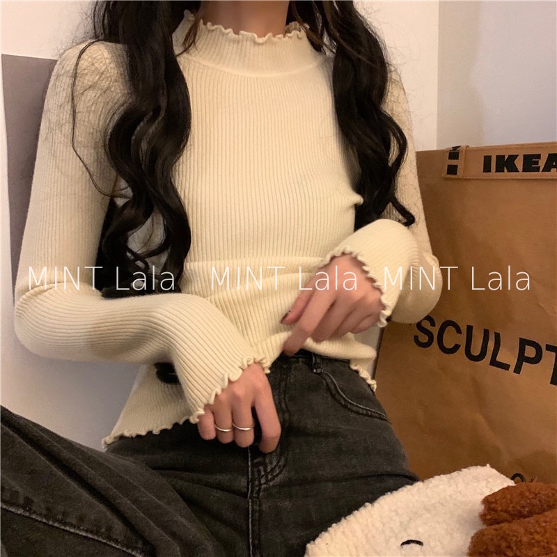 Áo Len Cổ Lọ Nữ Mềm Mại Viền Bèo Dễ Thương