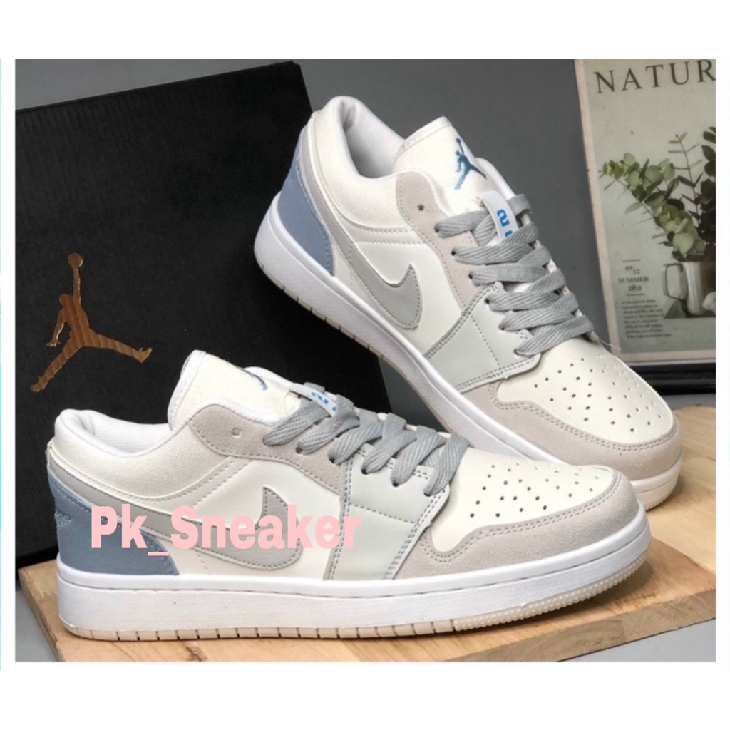 Giày Jordan 1 Low Paris Trắng Xám, JD1 Cổ Thấp Gót Xanh chuẩn hàng SC full Box Bill