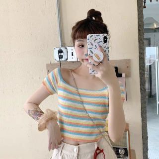 Hàng có sẵn - Áo trễ vai croptop kẻ ngang nhiều màu