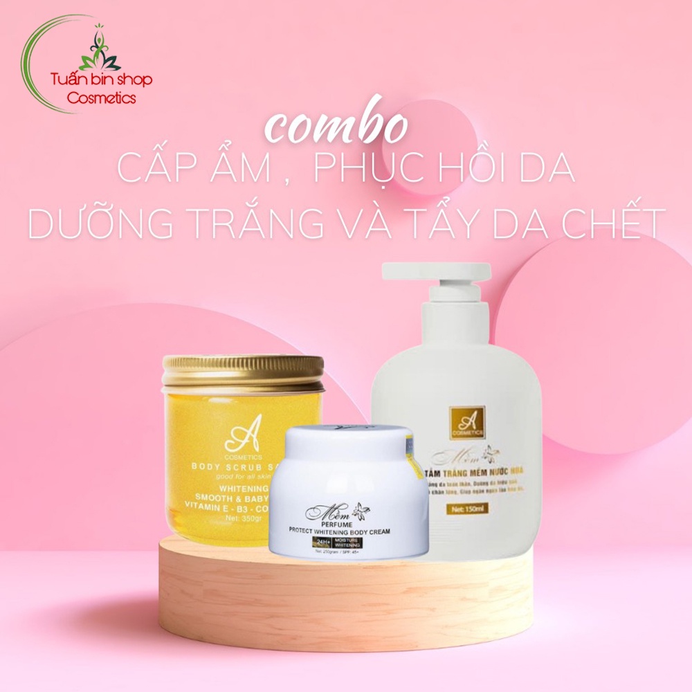 Bộ sản phẩm dưỡng trắng, cấp ẩm toàn thân Acosmetics (Kem body mềm, kem tắm trắng mềm nước hoa và muối tẩy tế bào chết)