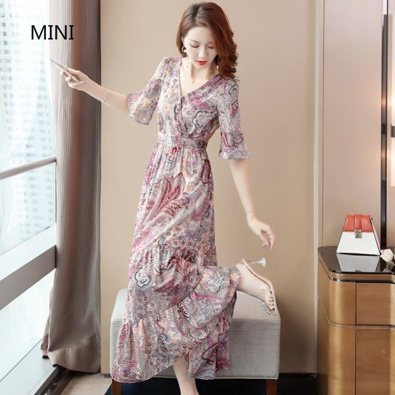 Đầm Cổ Chữ V Họa Tiết Hoa Thời Trang Hàn Quốc