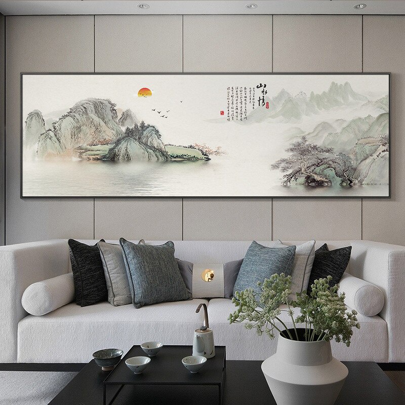 Tranh Vải Bạt Treo Tường In Hình Núi Và Sông Phong Cách Trung Hoa Trang Trí Nhà Cửa/Văn Phòng